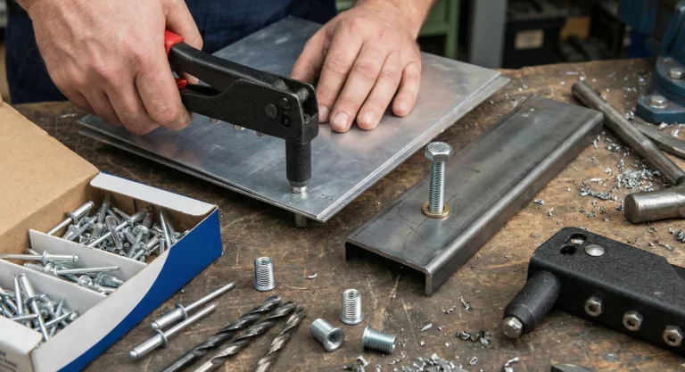 Pince à sertir et assortiment d'inserts métalliques et rivets pop sur un établi de bricolage