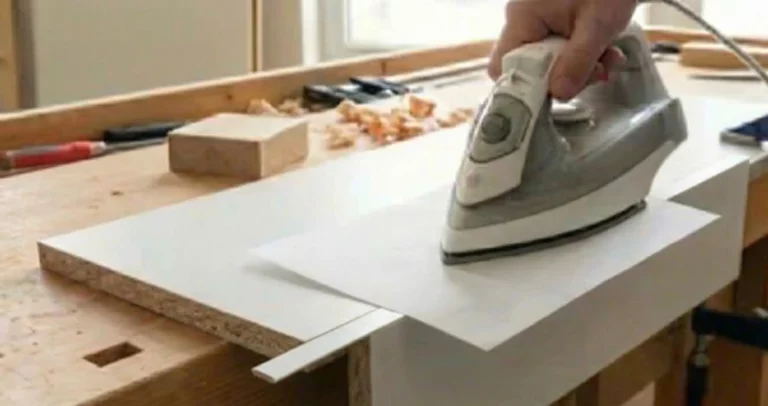 Coller un chant thermocollant blanc sur la tranche d'une tablette mélaminée avec un fer à repasser et une feuille de papier de protection