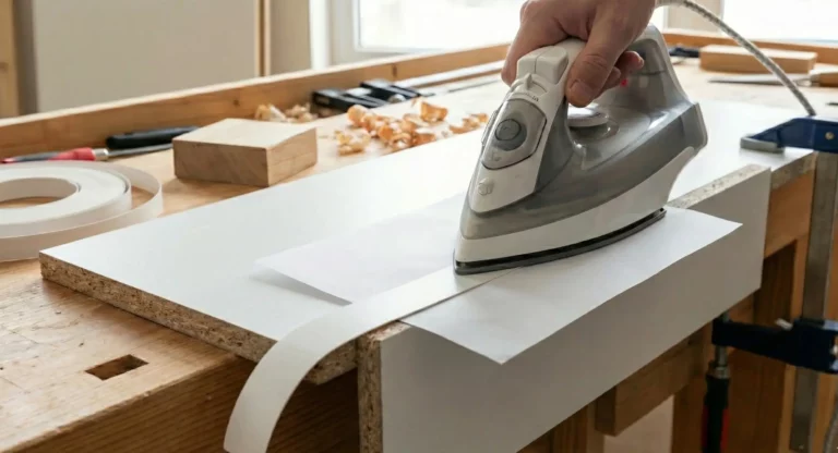 Coller un chant thermocollant blanc sur la tranche d'une tablette mélaminée avec un fer à repasser et une feuille de papier de protection