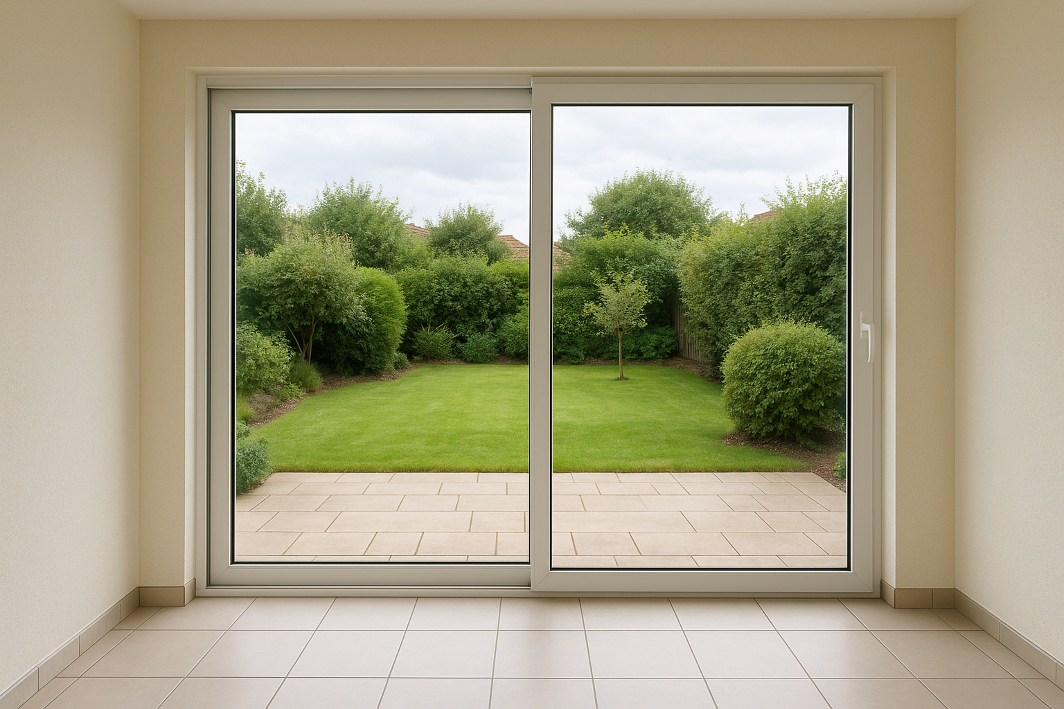 Baie vitrée coulissante donnant sur un jardin - Tuto pour réparer un vantail qui coince en changeant les roulettes
