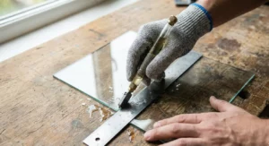 Débutant coupant du verre simple avec un coupe-verre et gants de protection