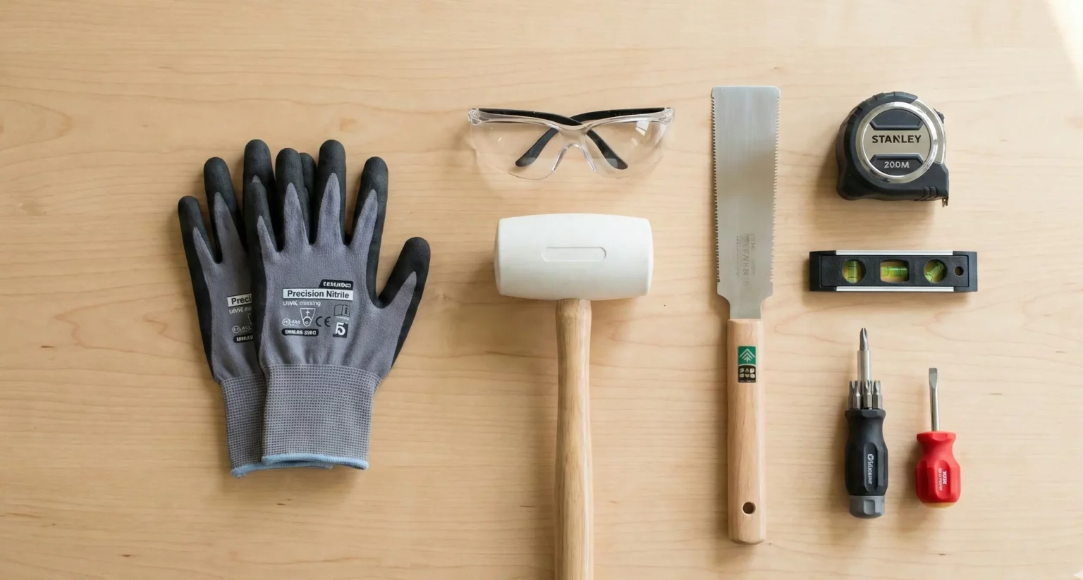 Photographie en vue de dessus ("flat lay") présentant un kit d'outils de bricolage minimaliste et essentiel pour débutant, disposé de manière ordonnée sur une surface en bois clair. L'ensemble comprend des gants de précision, des lunettes de sécurité, un maillet blanc, une scie japonaise, un mètre ruban, un niveau à bulle et deux tournevis.