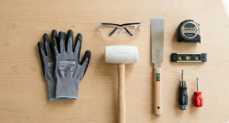 Photographie en vue de dessus ("flat lay") présentant un kit d'outils de bricolage minimaliste et essentiel pour débutant, disposé de manière ordonnée sur une surface en bois clair. L'ensemble comprend des gants de précision, des lunettes de sécurité, un maillet blanc, une scie japonaise, un mètre ruban, un niveau à bulle et deux tournevis.
