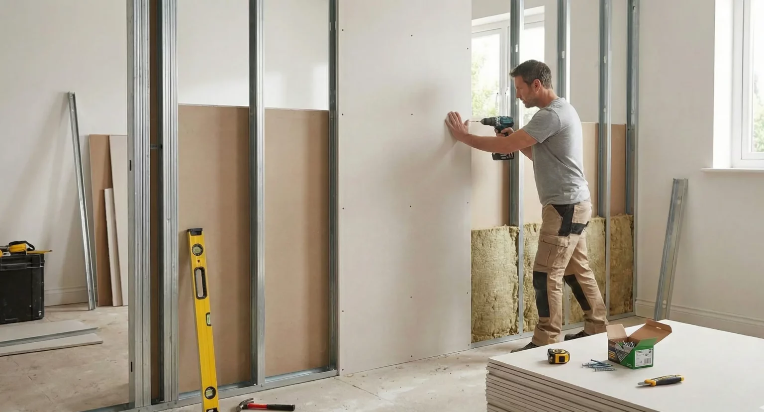 Un homme utilise une visseuse pour fixer une plaque de plâtre verticale sur une ossature métallique, isolant la cloison avec de la laine minérale. Des outils comme un niveau et des vis sont au sol.