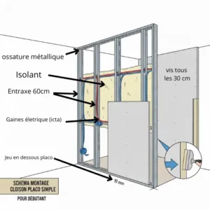 Schéma technique montage cloison placo 2026 étape par étape