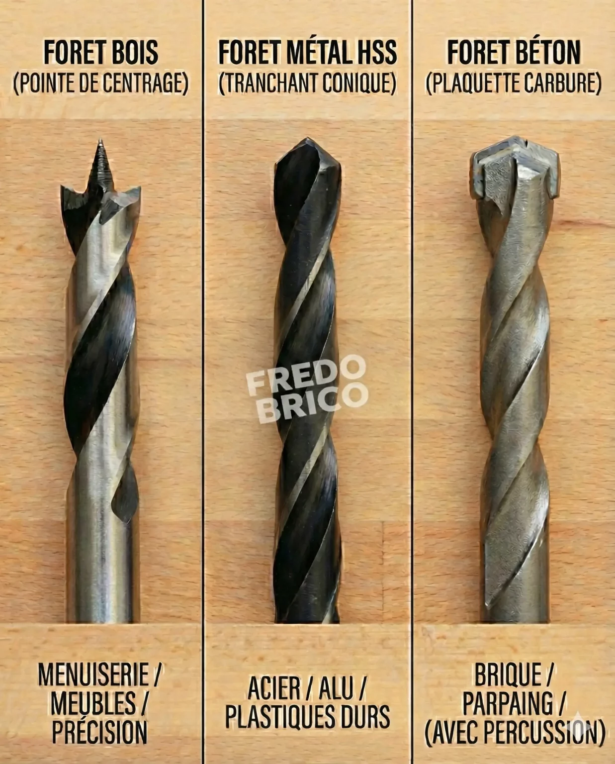 Guide bricolage pour savoir quel foret pour quelle cheville utiliser pour percer du bois, du métal ou du béton.