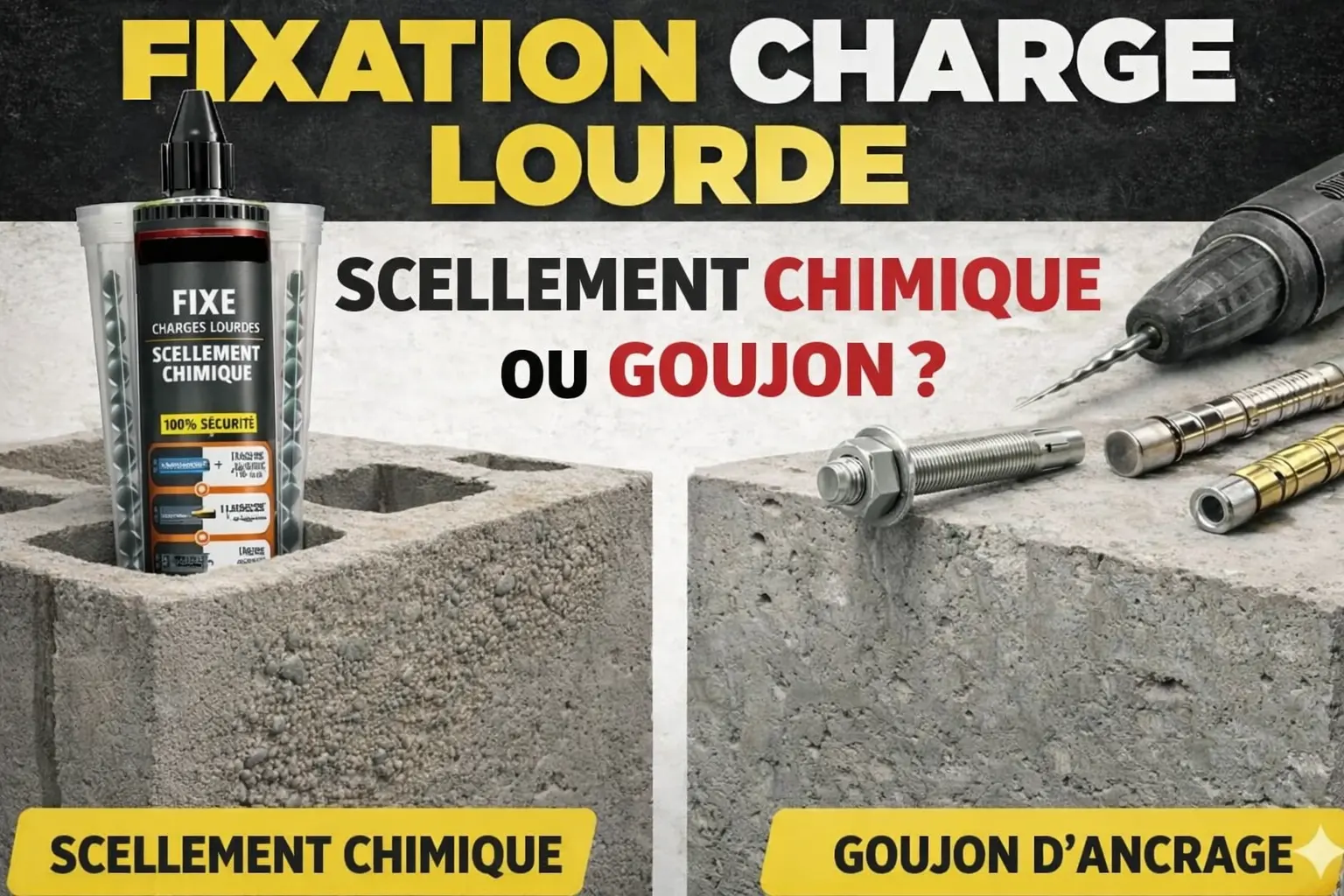 Comparatif fixation charge lourde : choisir entre le scellement chimique pour parpaing creux et le goujon d'ancrage pour béton plein.