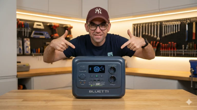 Fredo Brico donne son avis positif sur la station d'énergie BLUETTI Elite 100 V2 avec l'écran allumé.