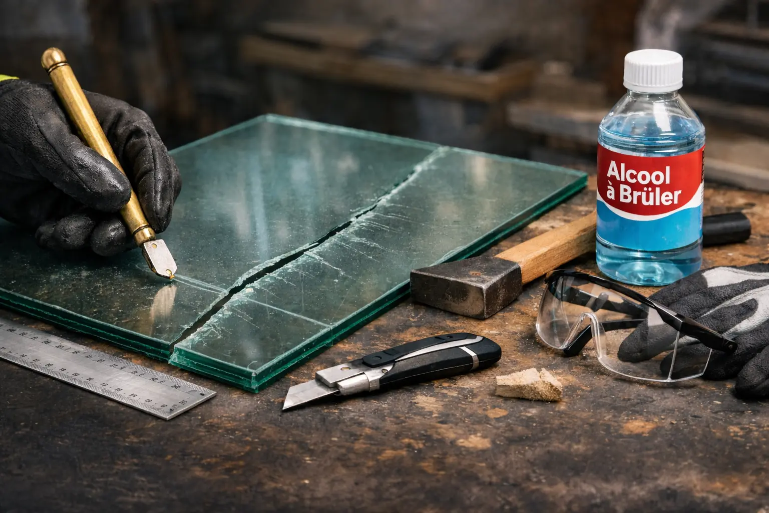 Couper du verre feuilleté à la main avec un coupe-verre, un cutter et de l’alcool à brûler, sans disqueuse
