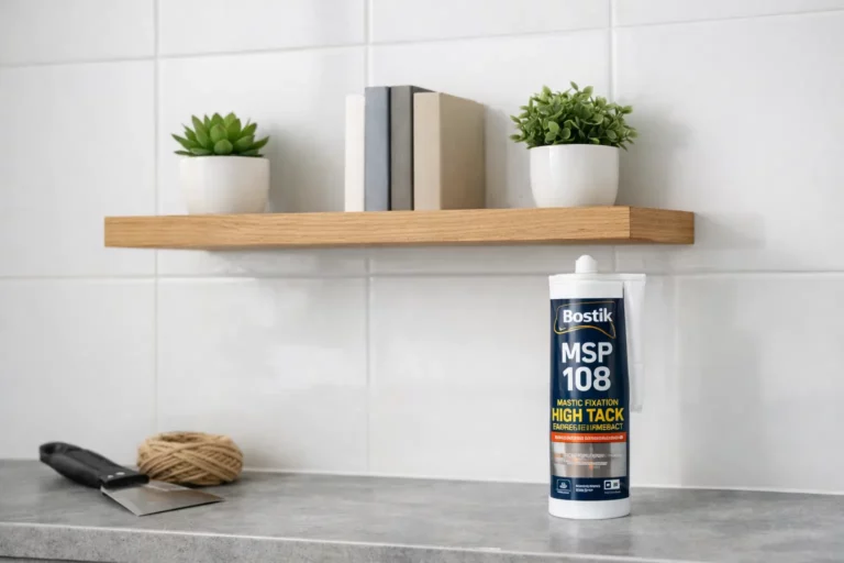 Étagère murale fixée sans percer sur carrelage grâce à une colle de fixation high tack