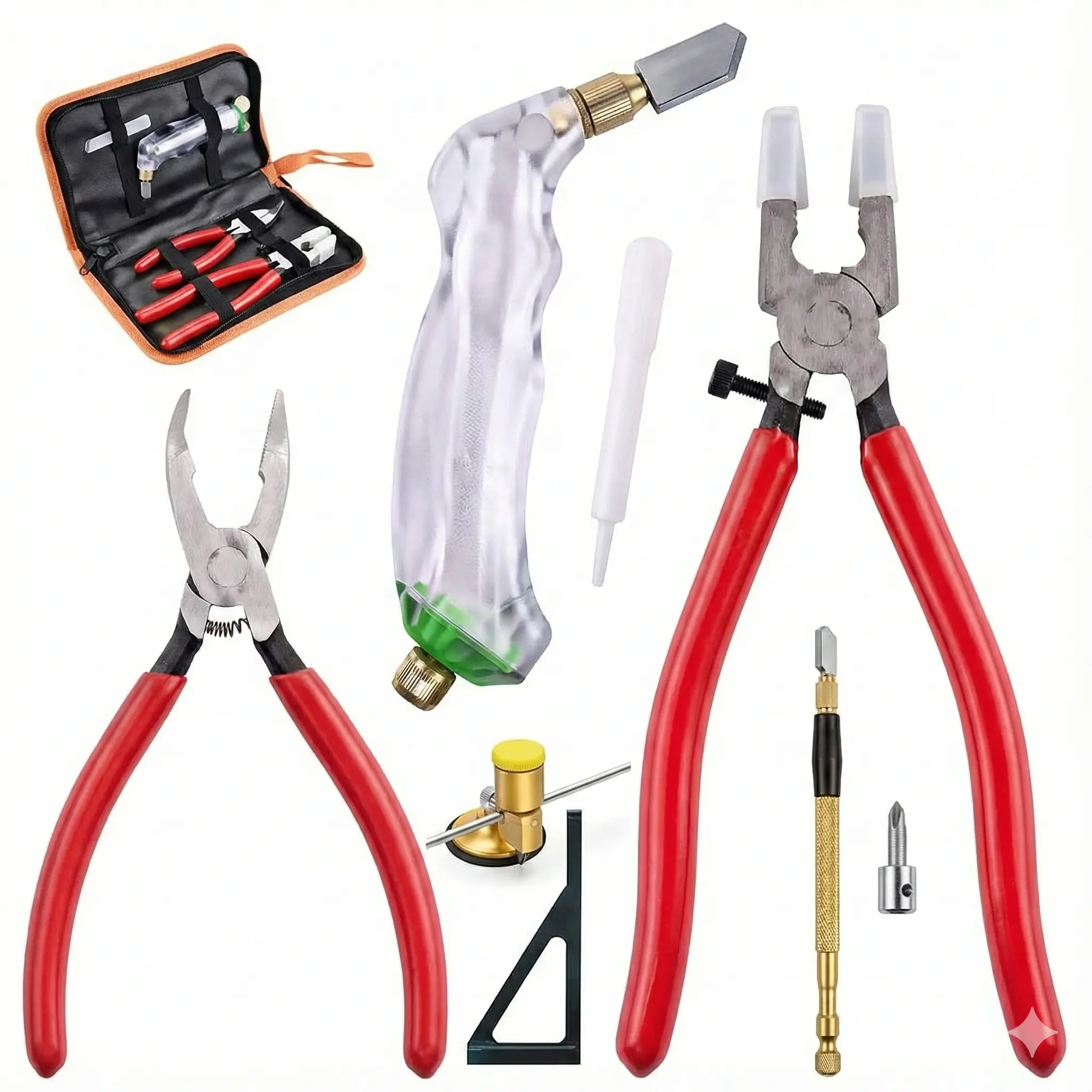 Vue d'ensemble d'un kit outils découpe verre manuel complet sur fond blanc, incluant coupe-verre à huile, pinces à rompre et compas pour vos travaux de vitrerie.