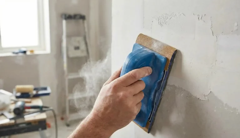 Gros plan sur une main utilisant une cale à poncer manuelle pour lisser une bande d'enduit sur un mur en placo, générant de la poussière.