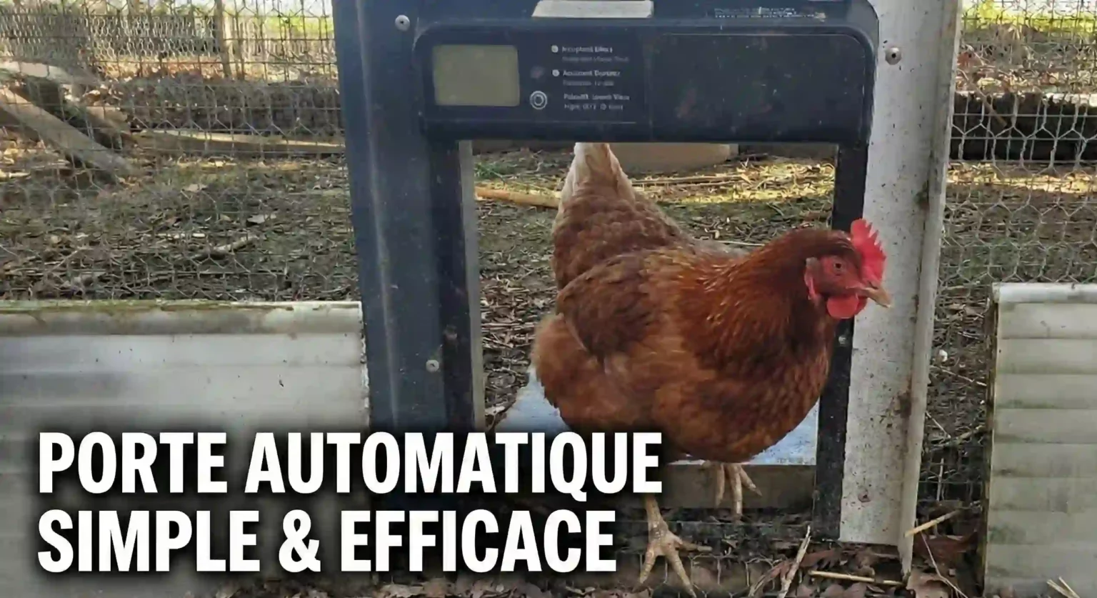 Poule rousse passant par une porte automatique de poulailler ouverte à engrenage avec le texte simple et efficace.