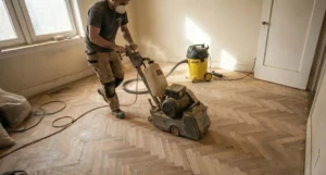 Homme passant la ponceuse à bande en mouvement constant pour ne pas creuser le sol