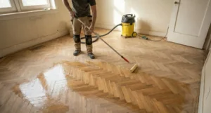 Application d'une couche de vitrificateur brillant au rouleau sur un parquet en chêne