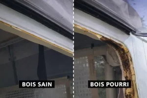 Comparaison bois sain et bois pourri autour d’une fenêtre de camping-car après infiltration d’eau