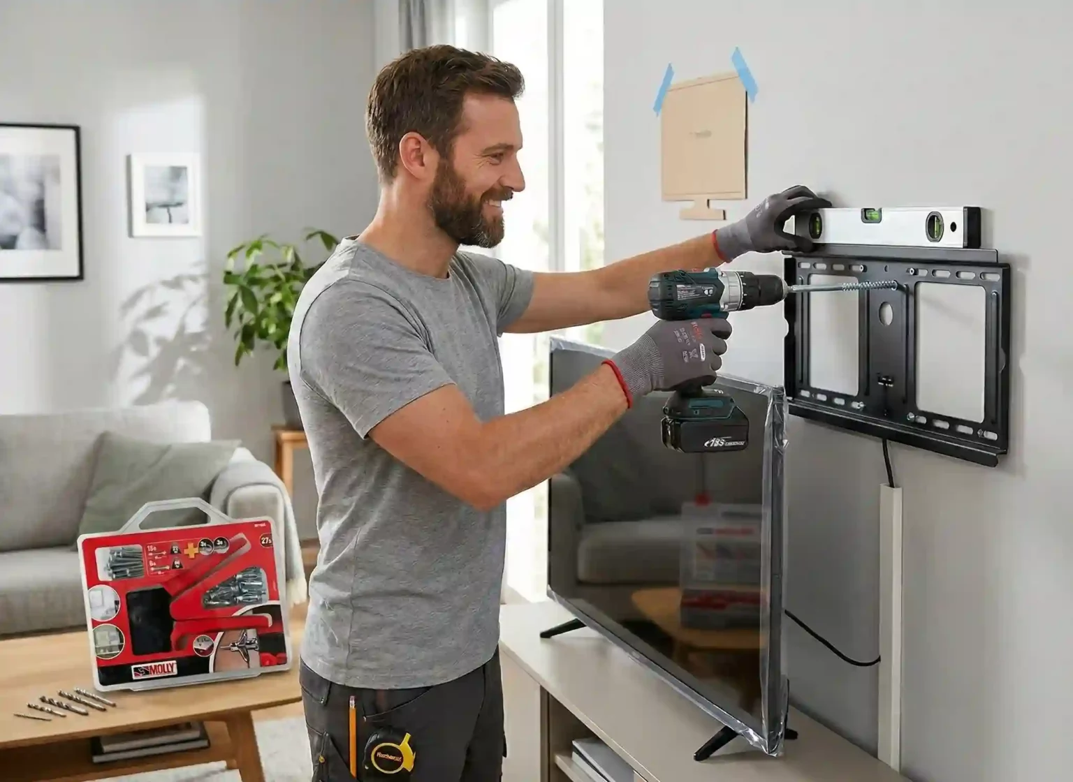 Fredo Brico installant un support mural pour télévision noir dans son salon moderne. L'homme utilise une perceuse sans fil Makita et un niveau à bulle. À côté, une télévision à écran plat et un kit de montage MOLLY rouge ouvert contenant une pince, des chevilles et des forets sont visibles sur une table basse.