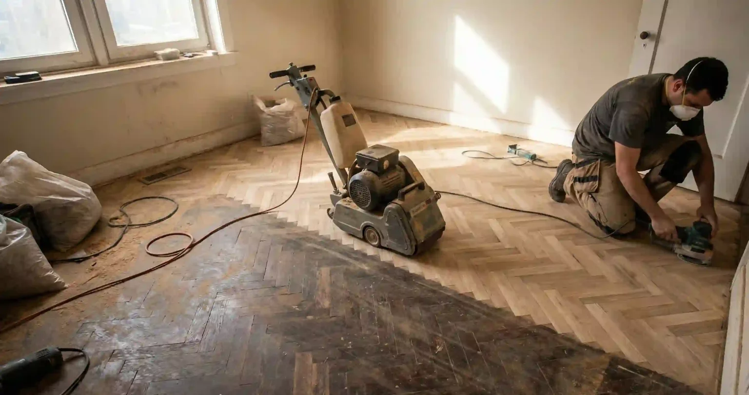 Comparatif visuel avant après rénovation d'un parquet ancien