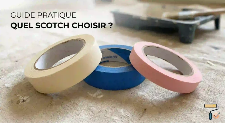 Trois rouleaux de ruban de masquage : crème, bleu et rose, posés sur une bâche de chantier pour un blog de bricolage.