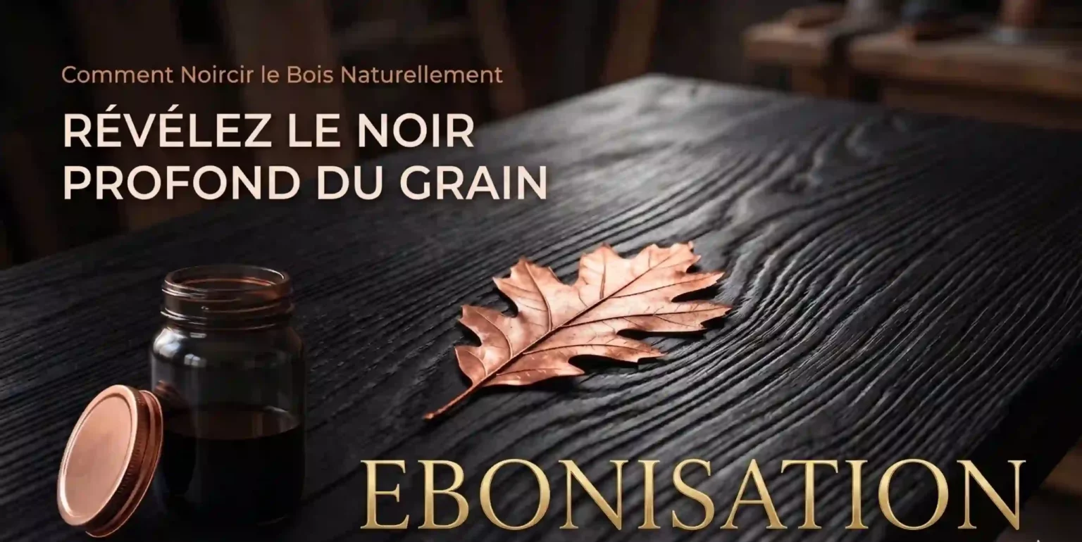 Gros plan sur le veinage d'un bois noirci naturellement par ébonisation avec un bocal d'acétate de fer.