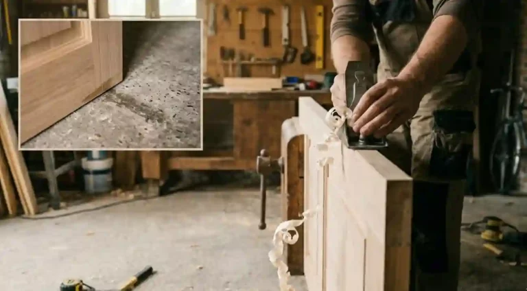 mage principale : Gros plan de grande qualité d'un menuisier rabotant le bas d'une porte en bois brut standing avec un rabot métallique classique dans un atelier lumineux. Encart (miniature) : Vue détaillée montrant la même porte frottant et laissant une marque sur un sol en béton usé. Copeaux de bois frais et outils visibles. Scène d'action et solution.