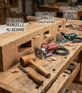 Comparaison sur établi entre une mortaise manuelle au bédane, un assemblage Lamello et un système Domino Festool.