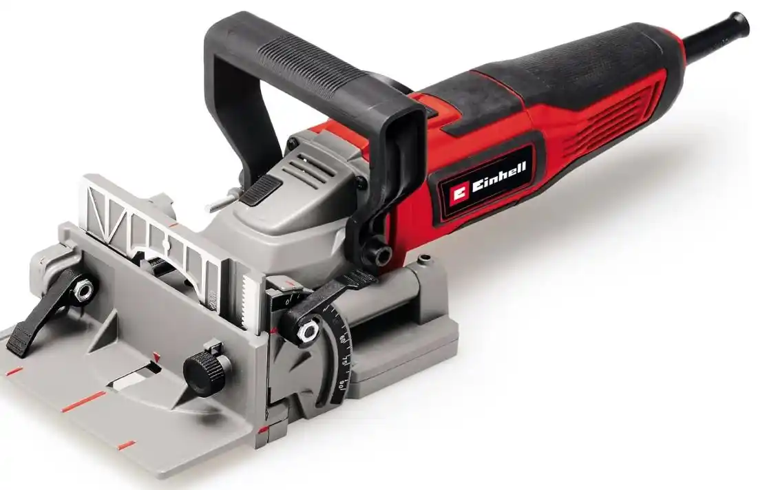 Fraiseuse à lamelles rouge Einhell pour réaliser des assemblages de bois invisibles et précis.