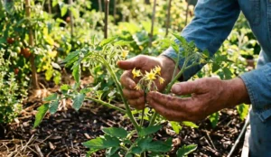 Jardinier pratiquant la pollinisation manuelle des fleurs de tomates sous serre pour favoriser la fructification.