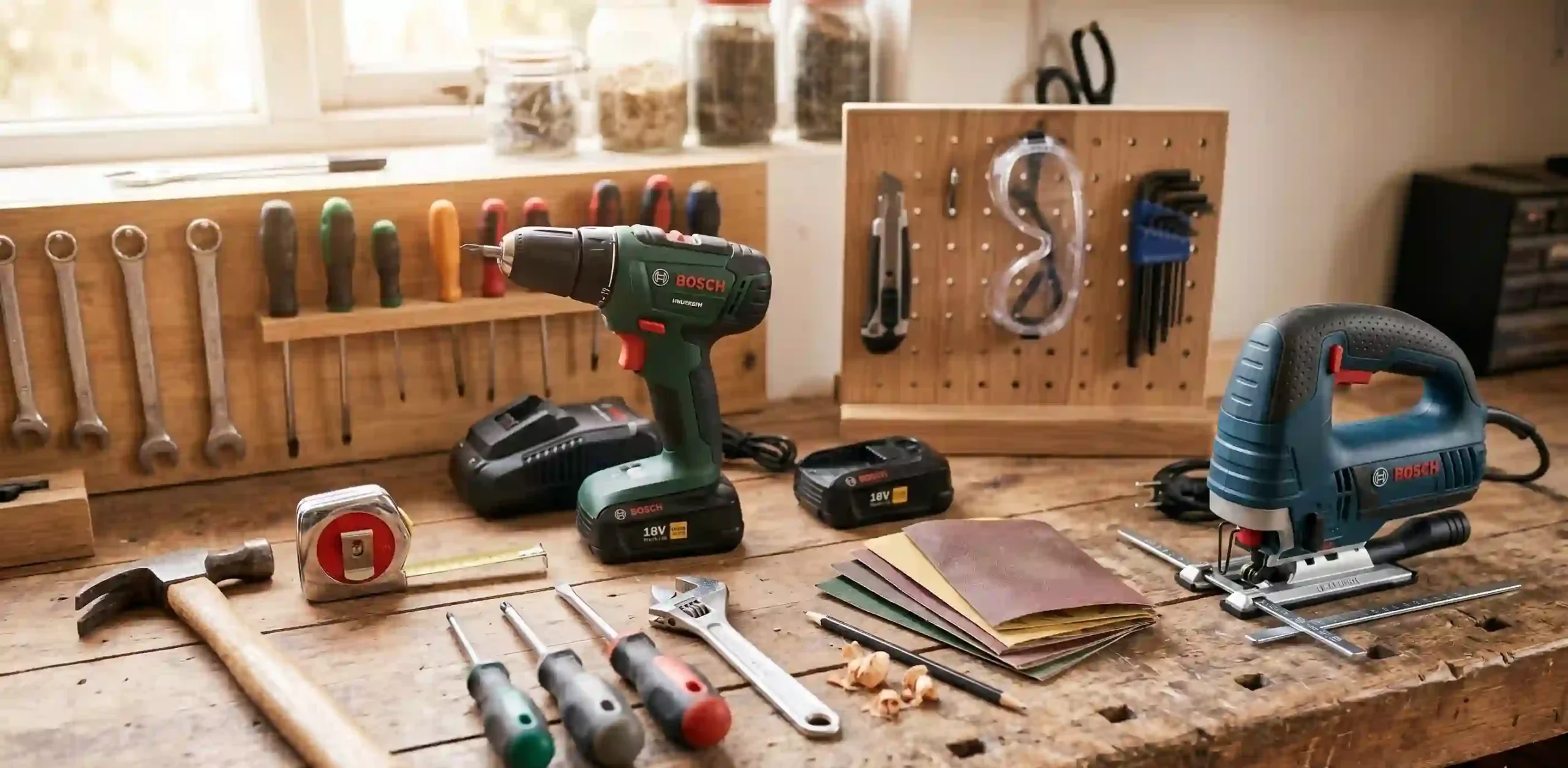 Sélection d'outils à main et électroportatifs pour le bricoleur.