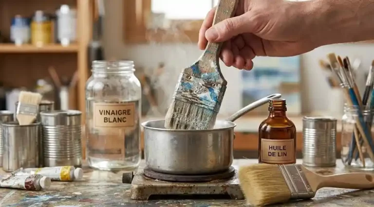 Astuce pour nettoyer pinceau durci en le trempant dans du vinaigre blanc chaud et conservation à l'huile de lin.