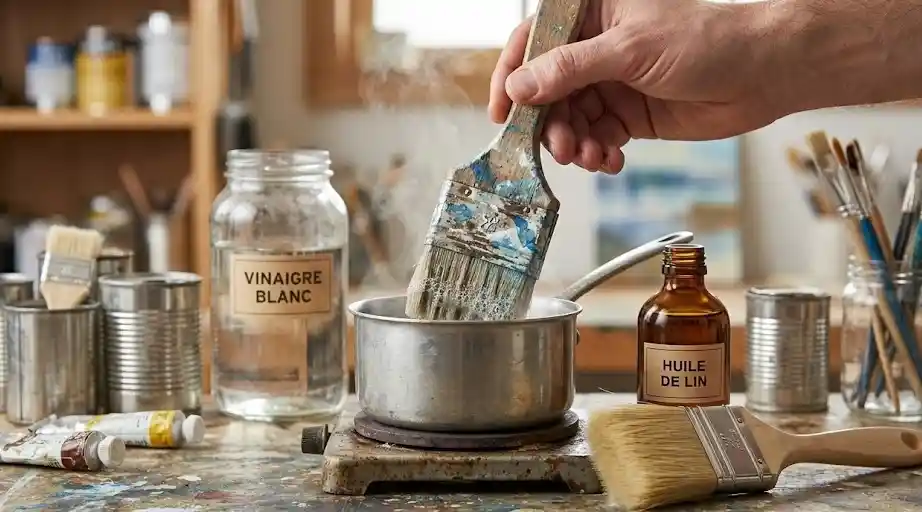 Astuce pour nettoyer pinceau durci en le trempant dans du vinaigre blanc chaud et conservation à l'huile de lin.
