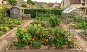 Potager en permaculture avec plants de tomates, basilic et fleurs compagnes sur un paillage de paille naturelle.