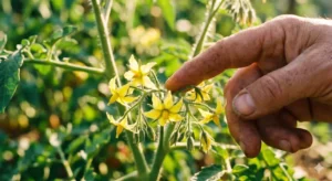 Gros plan sur le geste de tapotement d'un bouquet de fleurs de tomates pour libérer le pollen et favoriser la pollinisation sous serre.