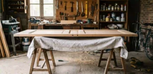 porte de chambre poser sur une paire de traiteaux proteger par des linges en attendre d'être raboter pour ne plus quelle frote