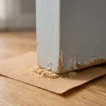 gros plan d'une porte interieur de chambre qui frotte sur le sol et utilisation de l'astuce du papier de verre pour la poncer sur place