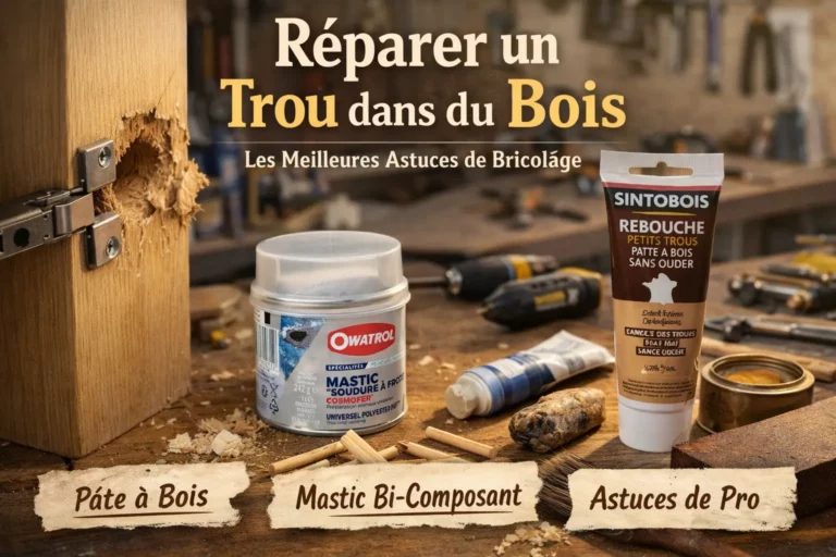 comment reboucher un trou dans du bois avec pâte à bois et mastic bi-composant réparation meuble charnière arrachée