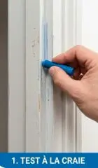 Cette image montre en gros plan comment la craie grasse (ici bleue, pour contraster avec l'huisserie blanche) est appliquée sur le cadre dormant (le chambranle). Un trait de craie grasse est appliqué sur la surface de contact de la feuillure, là où la porte vient frapper. C'est l'image d'intention de recherche parfaite : "Je veux savoir où ça coince". Elle est idéale pour l'entête ou pour illustrer la section "Localiser précisément où ça coince".