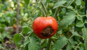 Tomate rouge sur pied présentant les symptômes du cul noir ou nécrose apicale avec une tache brune et sèche à la base.