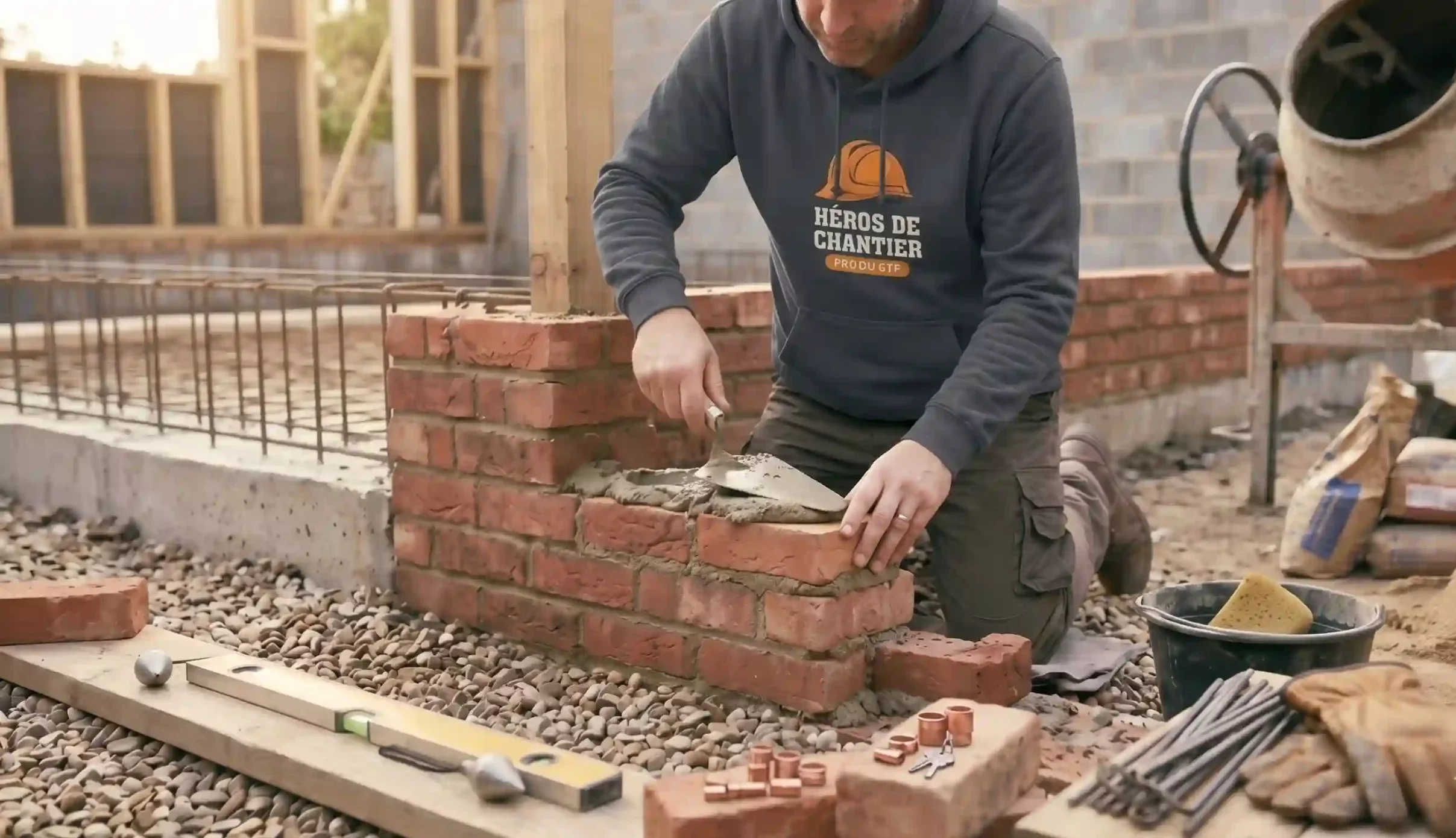 Outils de maçonnerie et préparation de mortier pour le gros œuvre.