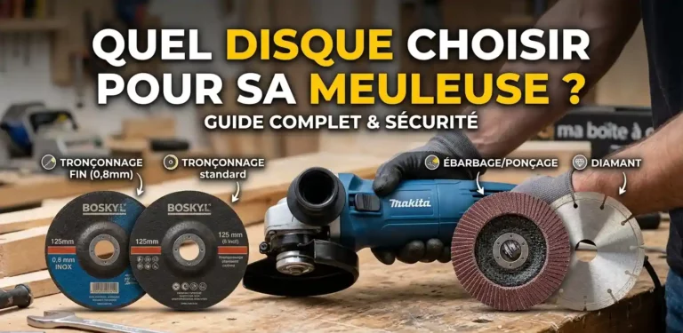 Guide complet pour choisir un accessoire de meuleuse : comparatif entre disque de tronçonnage fin 0,8 mm, disque standard, disque à lamelles pour ébarbage et disque diamant.