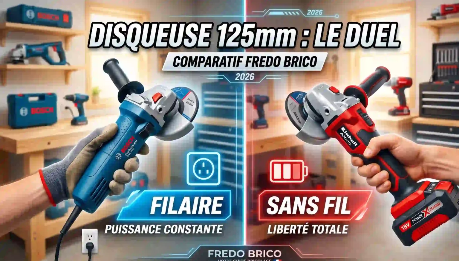Comparatif meuleuse d'angle 125mm pour couper carrelage et métal : test Bosch GWS 880 filaire contre Einhell sans fil pour bricolage.
