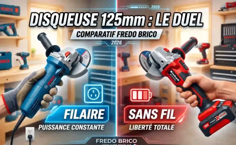 Comparatif meuleuse d'angle 125mm pour couper carrelage et métal : test Bosch GWS 880 filaire contre Einhell sans fil pour bricolage.