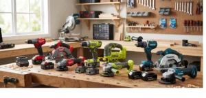 Comparatif de plusieurs packs d outillage electroportatif sans fil sur un etabli