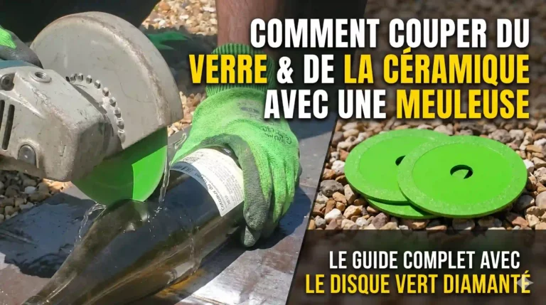 Démonstration de découpe d'une bouteille en verre avec une meuleuse équipée d'un disque diamanté vert.