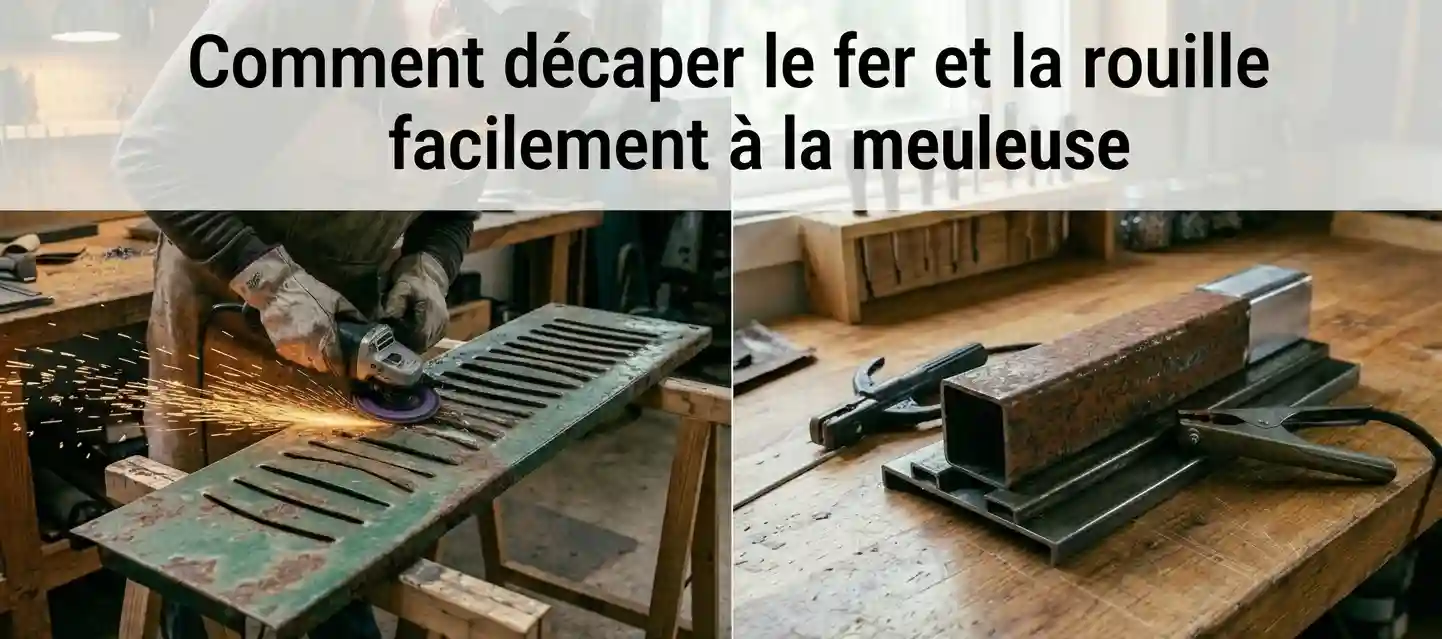 Comparatif de décapage mécanique avec à gauche un artisan qui nettoie un volet en fer à la meuleuse et à droite un tube carré en acier rouillé mis à blanc sur cinq centimètres.