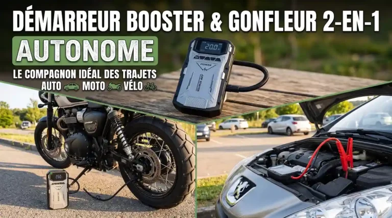 Demarreur booster autonome multifonction utilise pour le gonflage de pneu moto et le depannage de batterie de voiture sur le cote de la route.