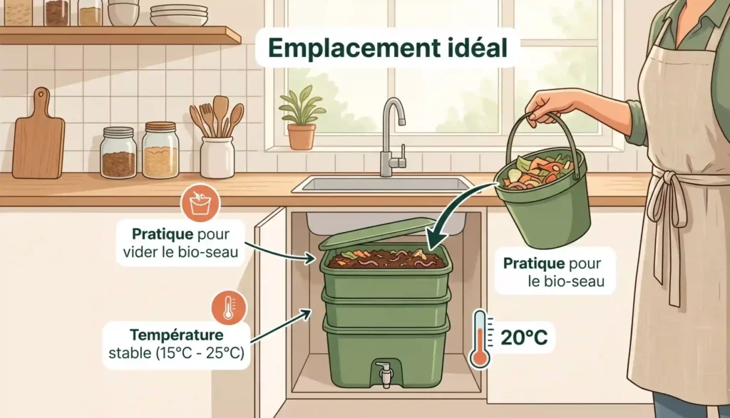 Installation d'un lombricomposteur compact dans une cuisine moderne