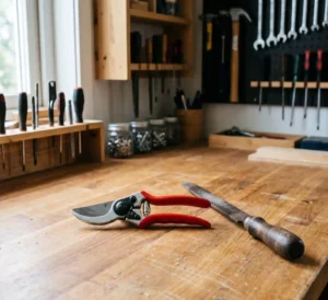 Un sécateur rouge et une lime à métaux posés sur un établi en bois propre. entretien sécateur résine et afûtage