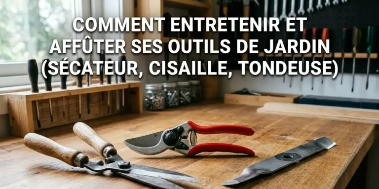 Un sécateur, une cisaille et une lame de tondeuse posés sur un établi en bois, illustrant l'entretien et l'affûtage des outils de jardin.