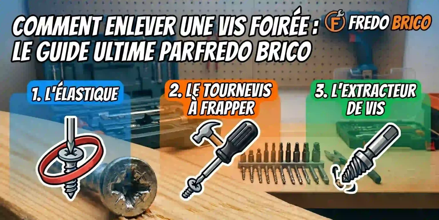 Guide complet 'Fredo Brico' montrant 3 techniques pour dévisser une vis foirée : élastique, tournevis à frapper et extracteur de vis.
